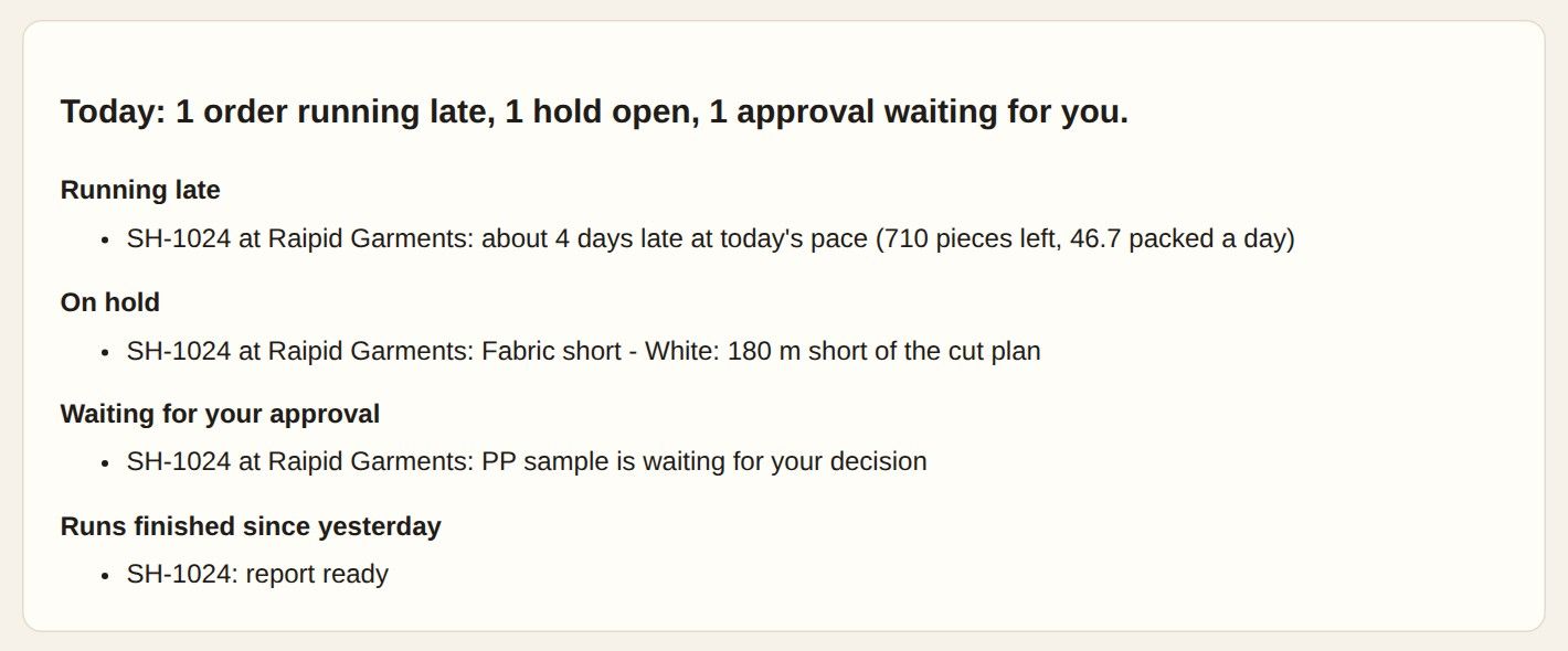 Brand's Today page listing one late order, one hold and one approval waiting